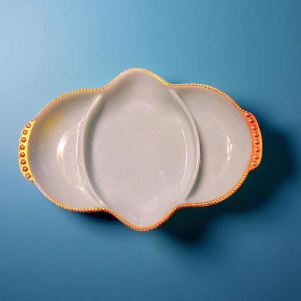 Vintage Fire King Blue 3 Section Elegant Gold-Trimmed Blue Ceramic Dish